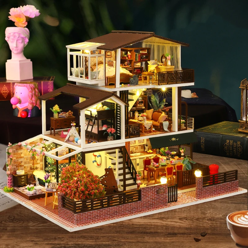 DIY Wooden Miniature Model Kit Big Romantic Casa 3D Puzzle European Villa Dollhouse With Furniture Lights Friends Birthday Gifts 2