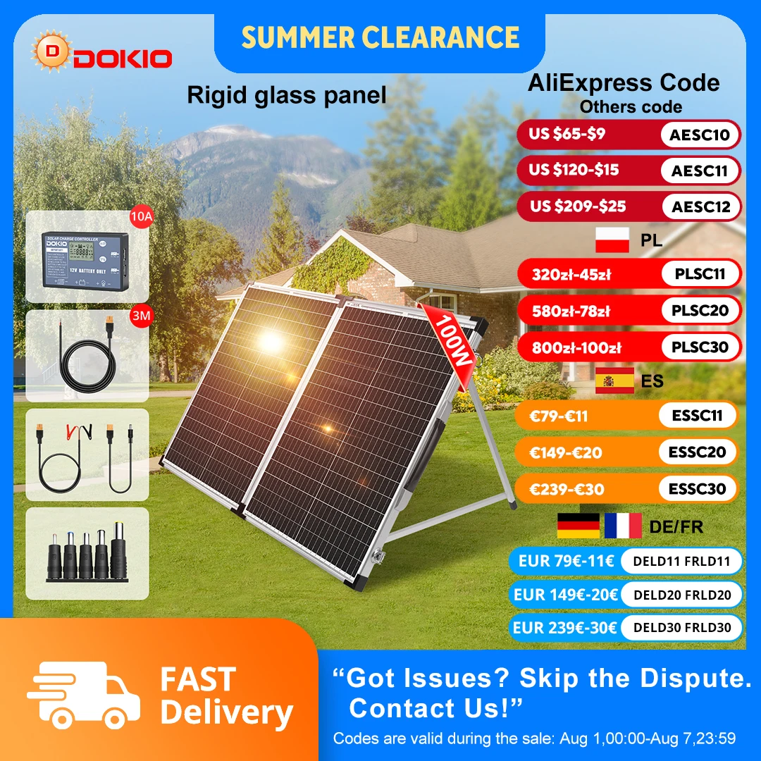 DOKIO 100W/160w/200w 18V Glass Folding Monocrystalline Waterproof Solar Panel Suitcase with 12V Controller Kit from China