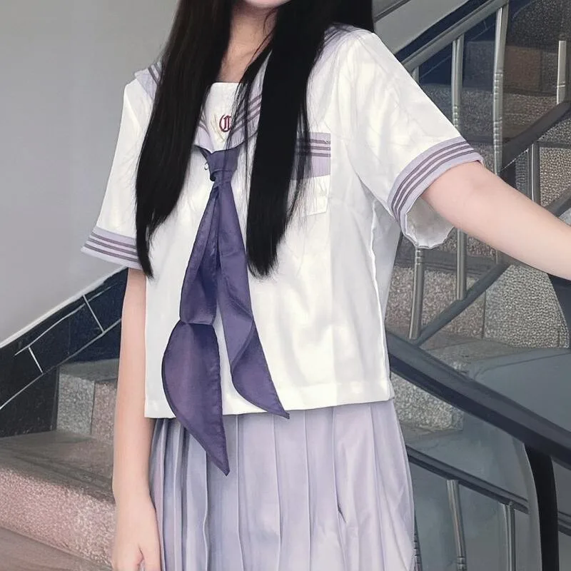 Japanese Uniform JK Grey Purple Top Summer Sailor Collar Vintage Sweet White Short Sleeved Shirt And Mini Skirt Two Pieces Sets