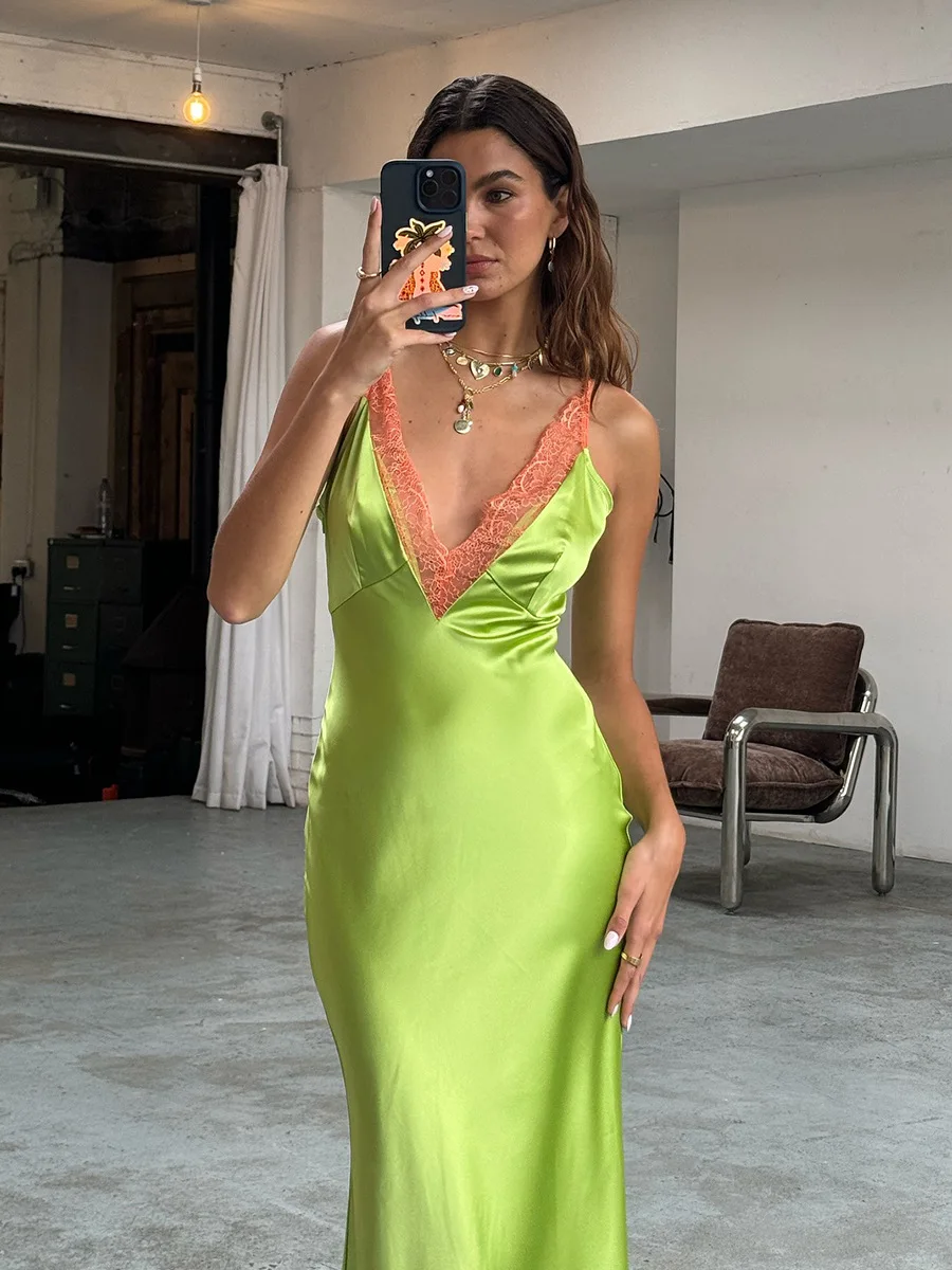 Bornladies Women's  Lace Cami Maxi Dress Satin Texture Lace Trim Sexy Deep V-Neck Slim-Fit Cami Long Dress 2026 Summer New