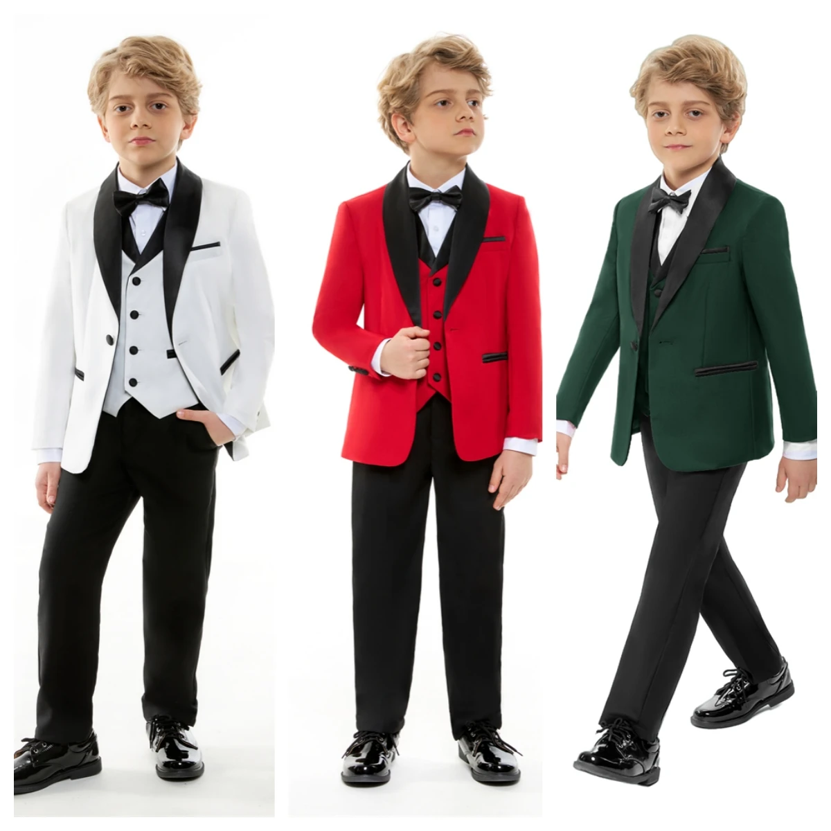 Fashion 4 Pieces Boy's Suit Set, Shawl Neck Formal Tuxedo For Kids, Wedding Ring Bearer Suits, Jacket Venst Pants Bow-tie