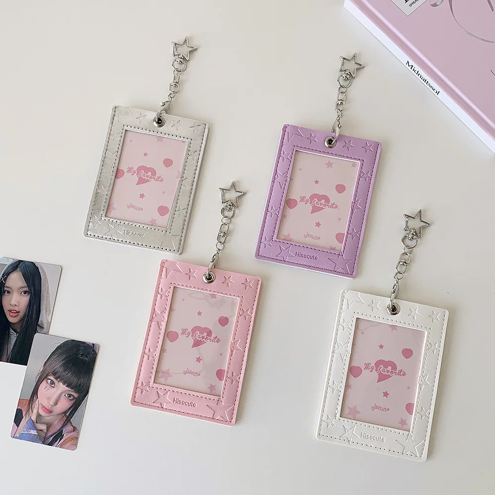 PU Leather Silver Color Bowknot Star Photo Card Holder Pockets For Mini Photo Sticker Name Card 3 Inch Photos With Key Chain