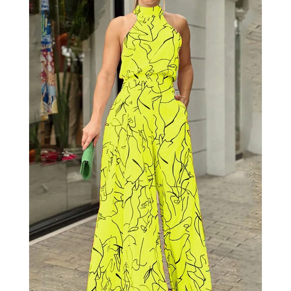 Women Abstract Print Mock Neck Sleeveless Wide Leg Elegant Party Jumpsuit Fashion Femme High Waist Jumpsuit Outfits traf