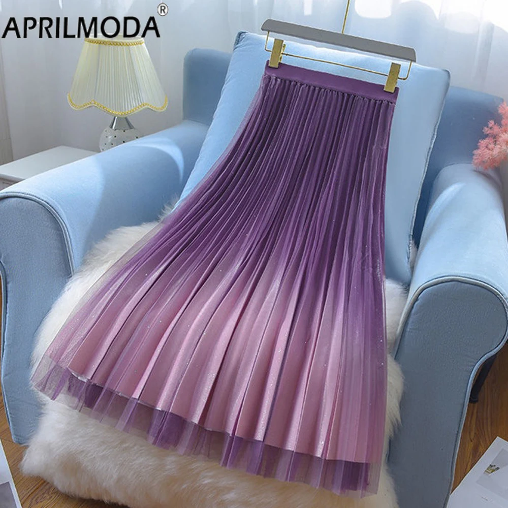 

2024 Elegant Blue Purple Starry Sky Gradual Mesh Skirts for Women Korean Style Elastic Waist Pleated Midi Skirt