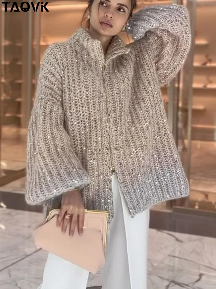 TAOVK Women's Sequin Knitted Color-block Cardigan Zipper Loose Temperament  Long Sleeve Ladies Knitted Sweater Coat 2023 - AliExpress