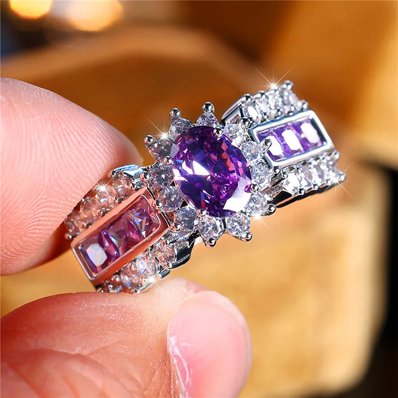 Luxury Female Big Purple Zircon Stone Engagement Ring Trendy Silver Color Bride Wedding Jewelry Gift For Women