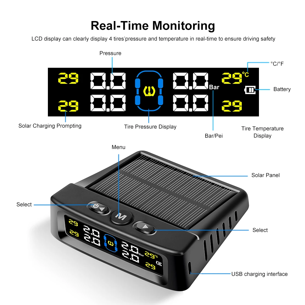 Car TPMS Tyre Pressure Monitoring System Solar Powered