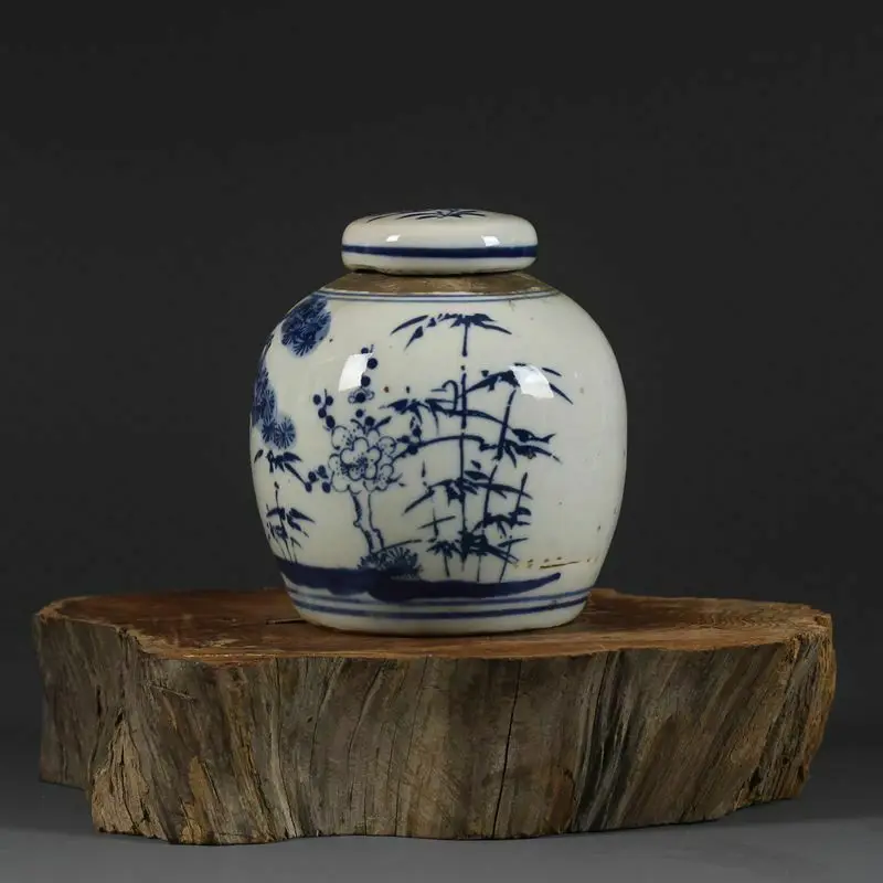 Republic Chinese Blue and white Porcelain hand painted Pine bamboo Jar pot 4.1" vase 3