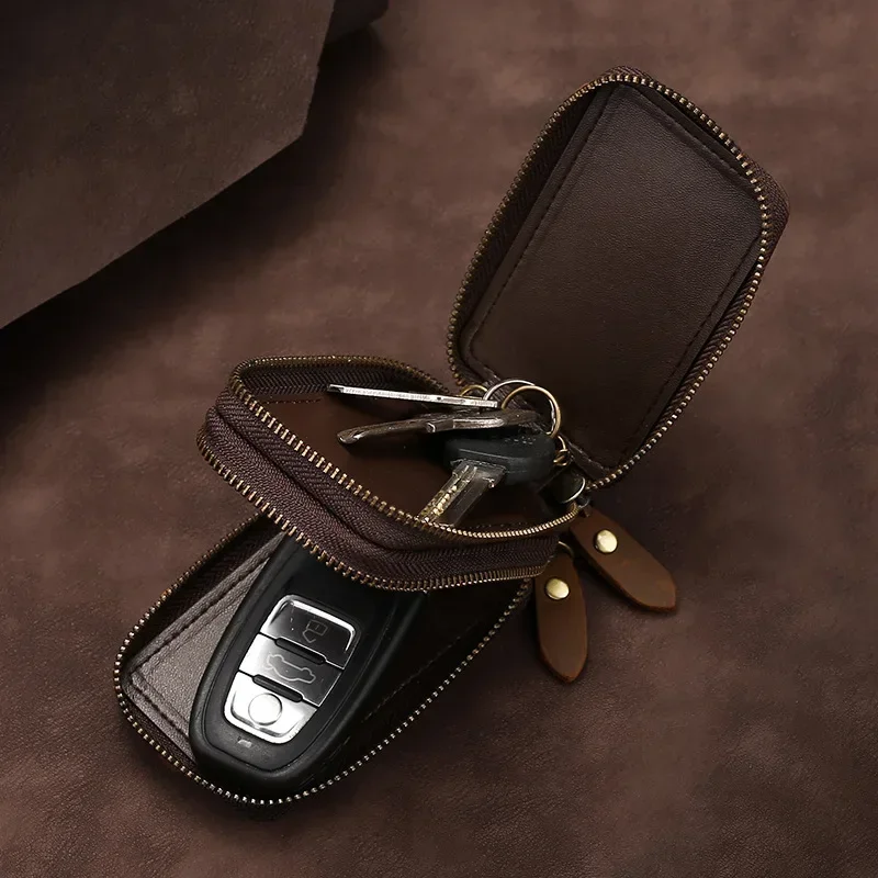 Premium Genuine Leather Double Zipper Car Key Pouch and Wallet Organizer