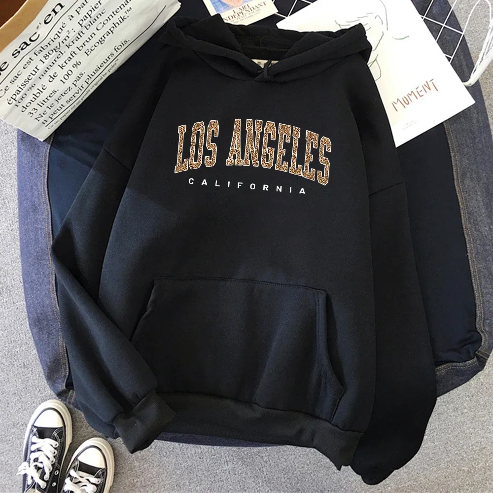 

Los Angeles, California Usa City Leopard Womens Hoody Fashion Crewneck Clothing Hip Hop Streetwear Soft Crewneck Female Hoodie