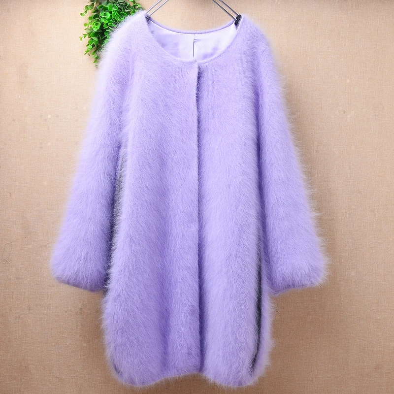 

Female Women Fashion Fall Winter Purple Hairy Mink Cashmere Knitted Long Sleeves Slim Cardigans Angora Fur Jacket Sweater Coat