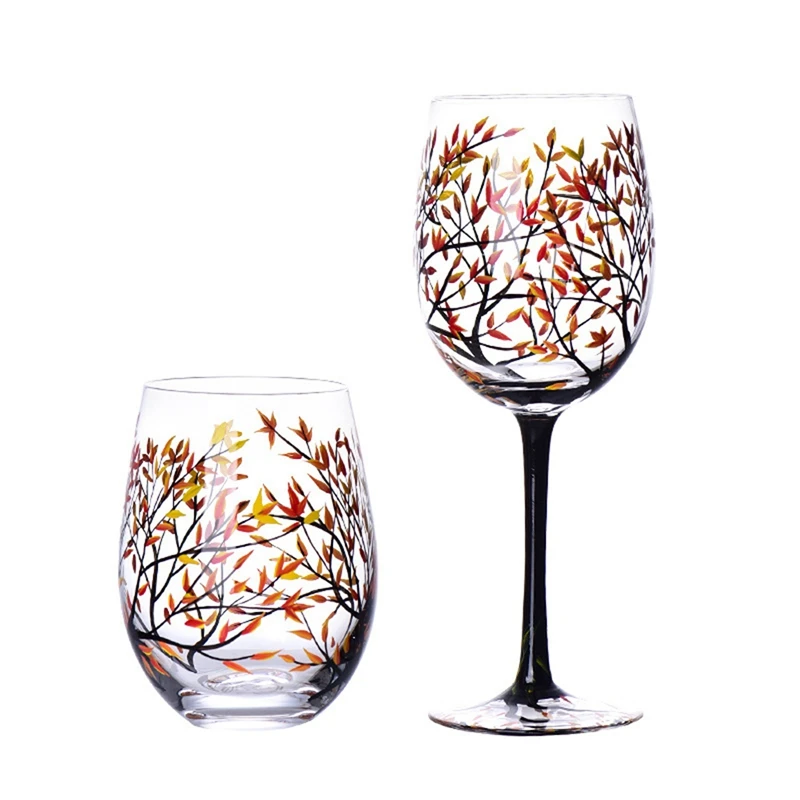 1Pcs HOT-Autumn Tree Wine Glass-Fall Colors-Leaves Of Red, Yellow, Orange Hand Painted Fall Leaf Easy To Use