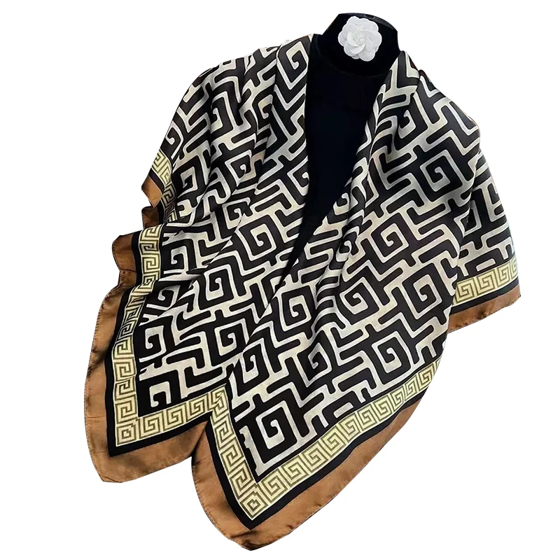 New Women Silk 110*110CM Square Scarf Hijab Female Design Print Shawl Wraps Foulard Beach Sun Protection Headbands Bandana 2025