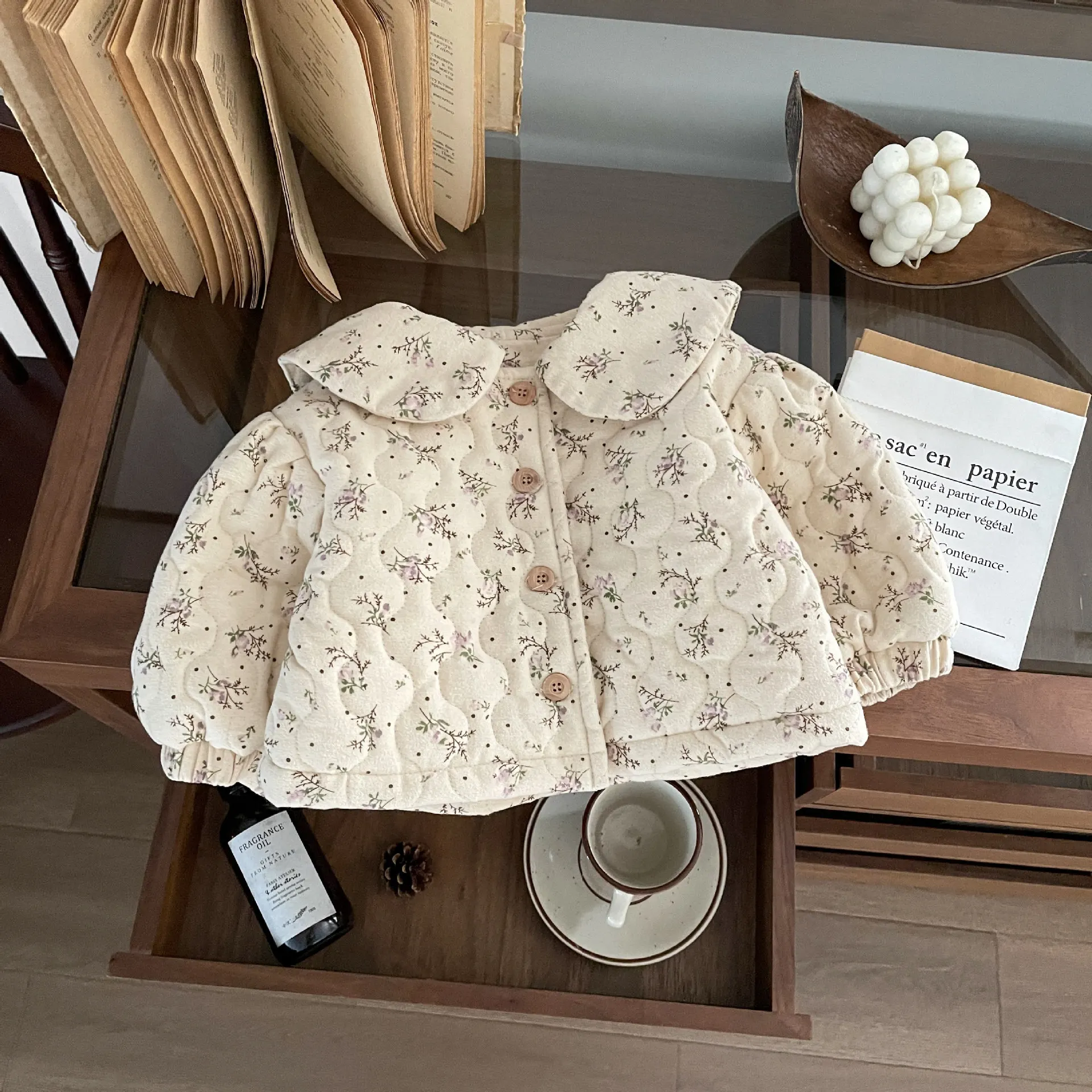 Baby Clothes Girls Doll Collar Fleece Floral Cotton Padded Jacket Winter New Girls Baby Fashion Thickened Cute Coat