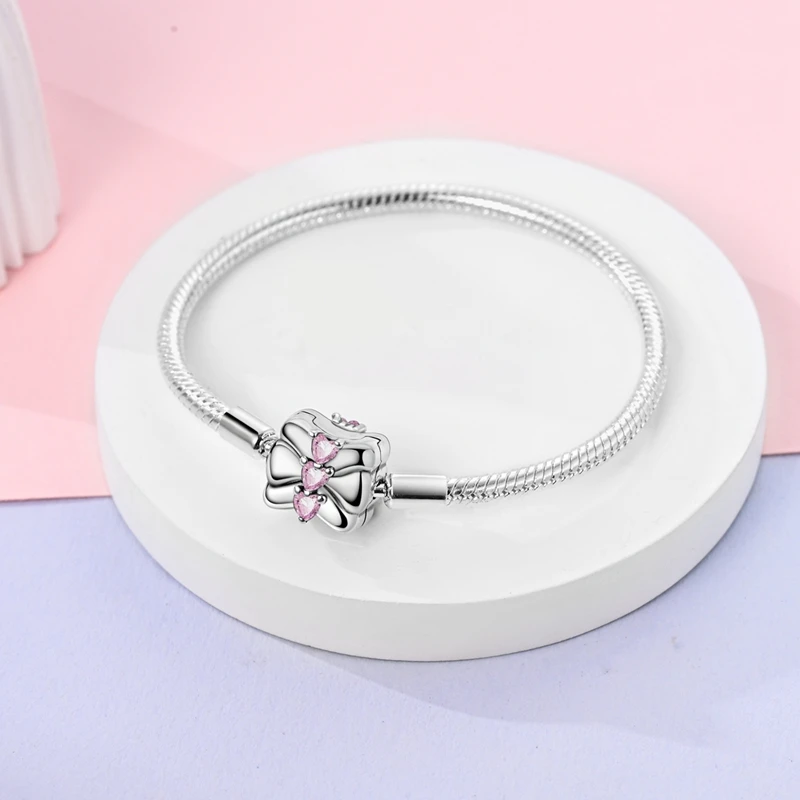 Women Bracelet 925 Sterling Silver Star Moon Blue Zircon Pink Heart Butterfly Cat Paw Bracelets DIY Charms Safety Chain Jewelry 2