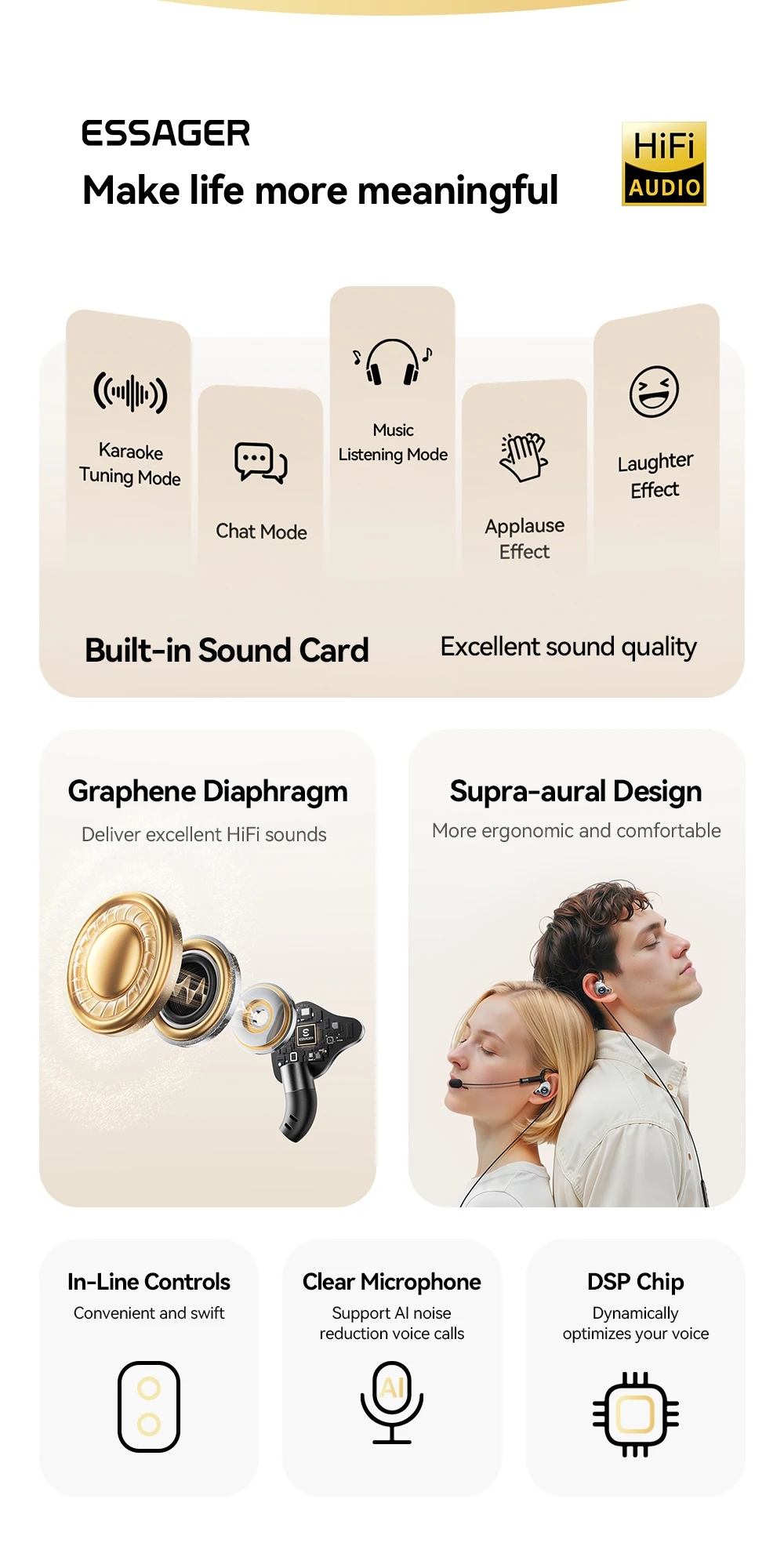 Type-C Karaoke Earphones With Built-in Sound Card HiFi Stereo Music Wired Earbud