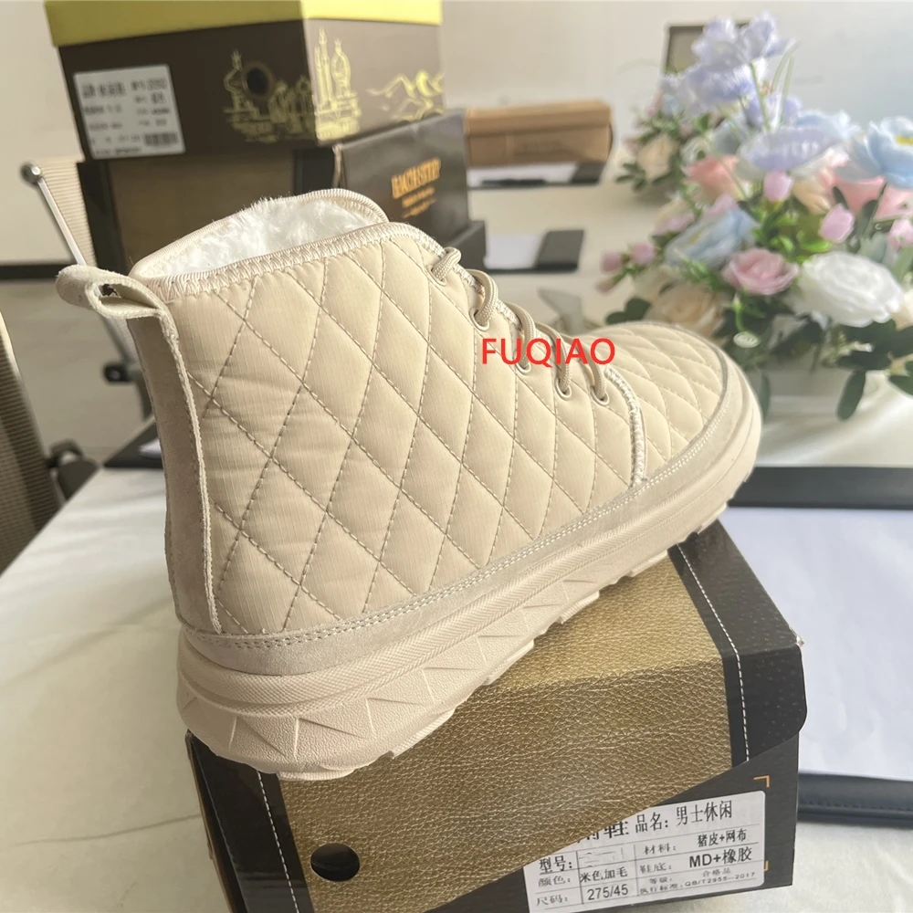 Stoff + Schweinsleder Plüschfell Winter Herrenstiefel High Top Warme Baumwollschuhe Schnürplattform Schneestiefel Rutschfeste Schnürstiefeletten – Detail 5