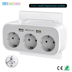 Compact EU Plug Power Strip with 3 Outlets & Dual USB Ports, 16A 250V - Ideal for Home, Office, and Travel