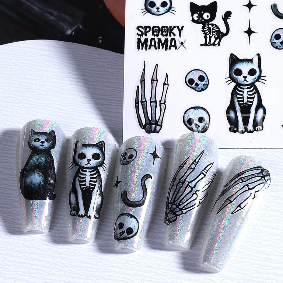 7 stücke 3D Halloween Bösen blick Pilz Nagel Aufkleber Stern Cartoon Katze Schlange Schädel Nagel Slider Aufkleber Maniküre Nail art Dekoration – Detail 4
