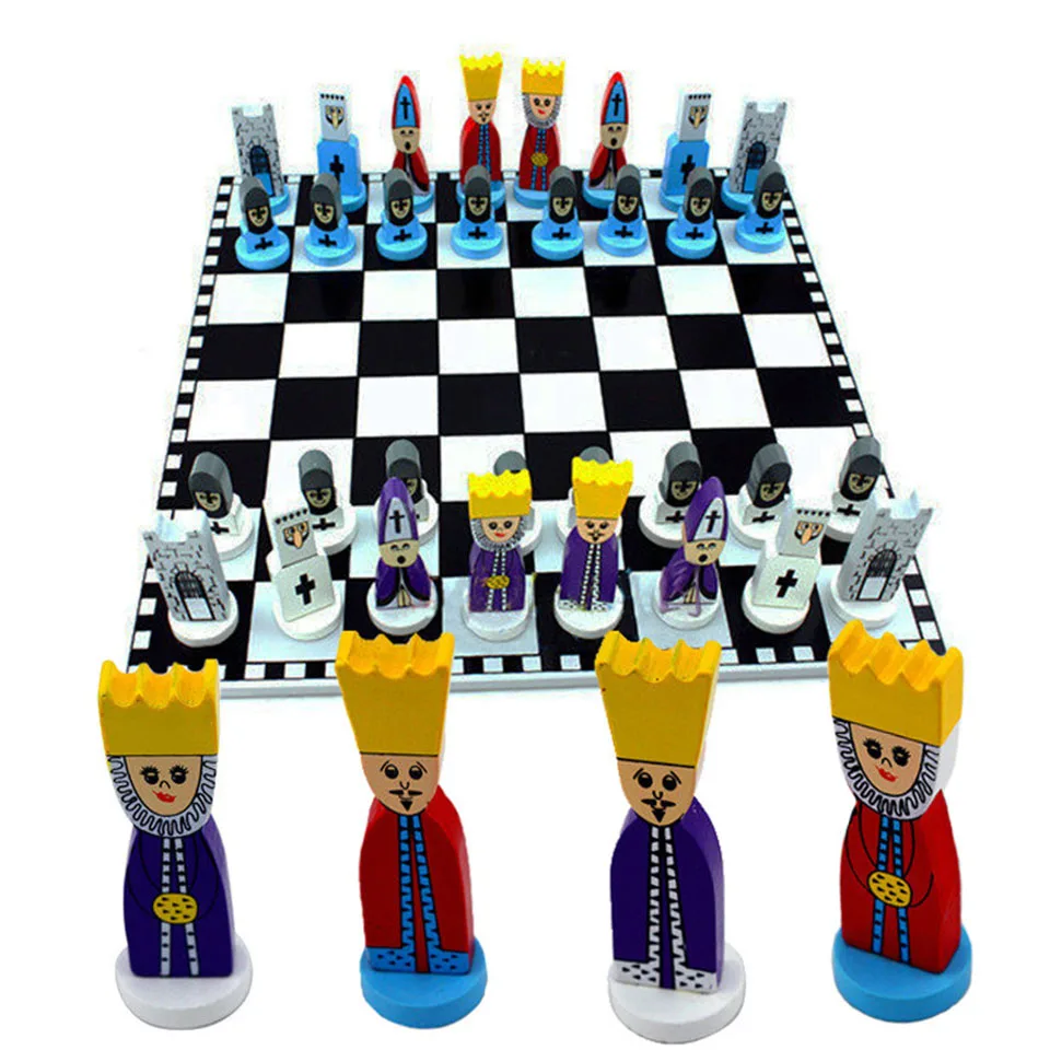 Wooden Chess Figures Set Cartoon Chessman Chess Game Foldable Chessboard Wooden Chess Pieces Family Board Game Kid's Toy or Gift