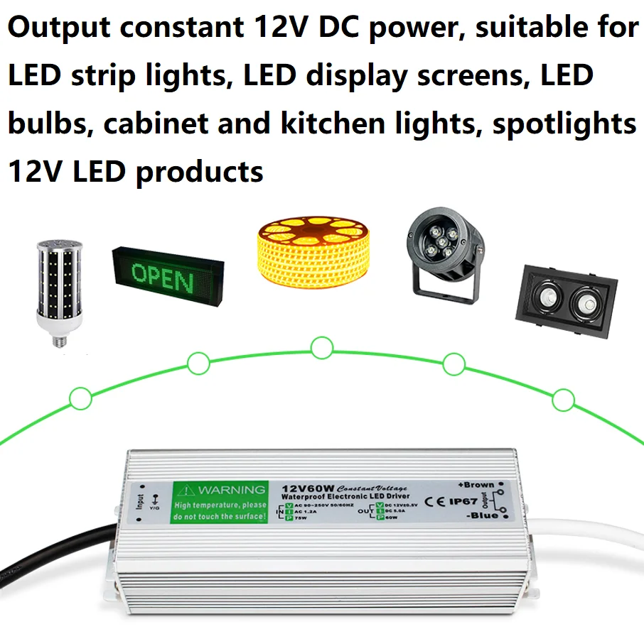 저전압 출력 LED 조명 LED 드라이버, IP67 방수 전원 공급 장치, 변압기 어댑터, 100V-260V AC에서 12V DC, 60W, 100W, 150W
