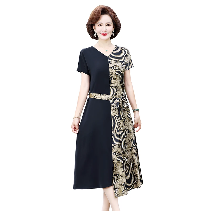

Women 2023 Summer Dresses Middle Age Mother Short Sleeve Leopard print patchwork Belt Dress V-neck Casual Party Beach Vestidos