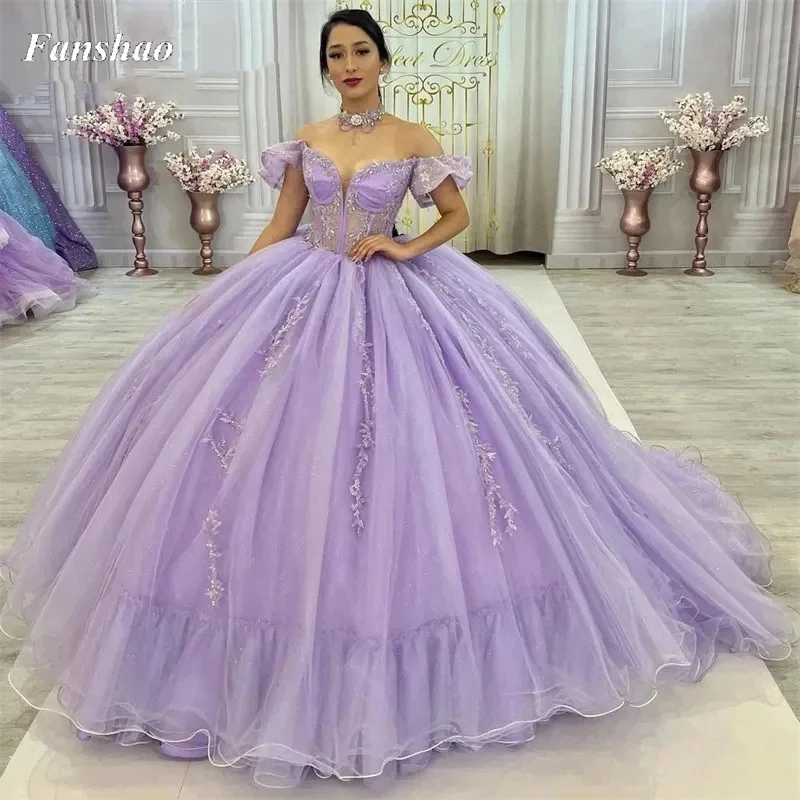 

Fanshao pd149 Ball Gown Quinceanera Dress with Bead Appliques Off Shoulder Tulle Sweep Train Mexi Sweet 16th Birthday Prom Party