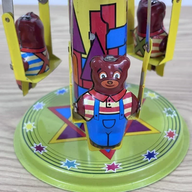 Three Headed Bear Carousel Clockwork Toy Adult Collection Retro Wind Up Toy Metal Tin Amusement Park Figures Model Vintage Gift