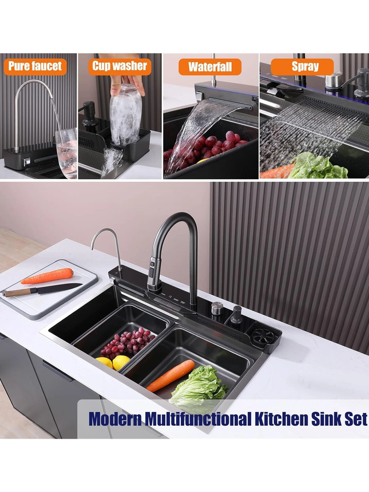 Integrated Waterfall Kitchen Sink Honeycomb Technology Large Digitial Display Stainless Steel Water Filter Cup Washer 2