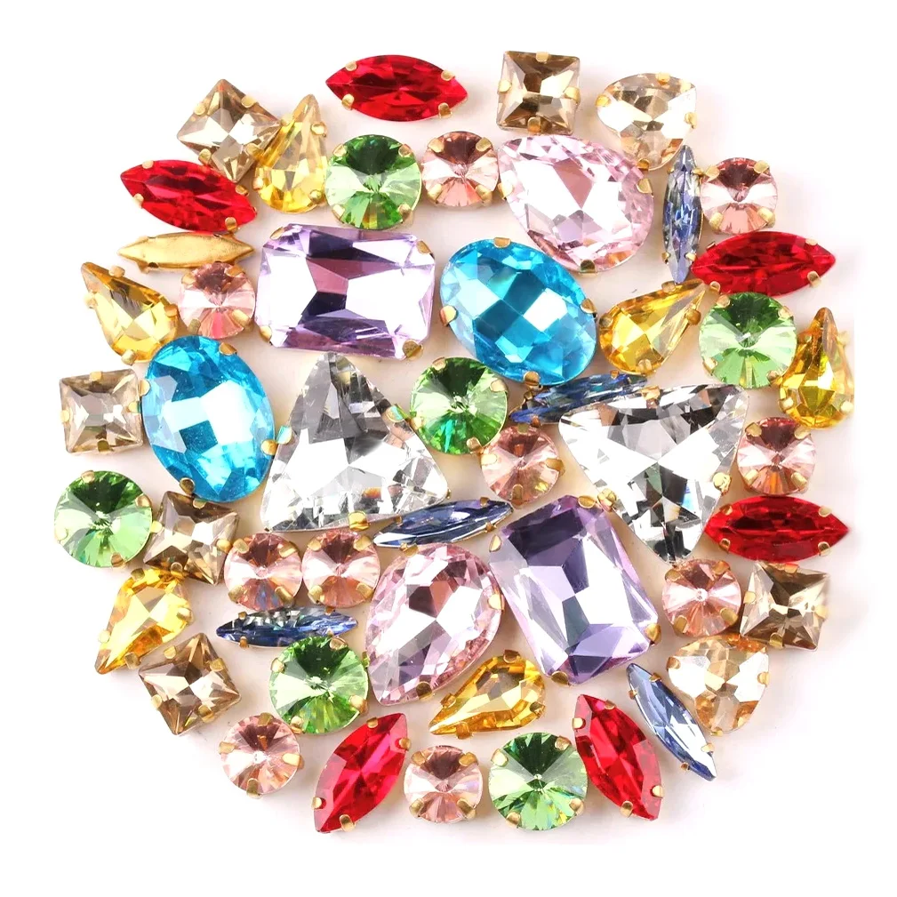 50 stücke Strass Mix Größe und Formen Farben Phantasie Kristallglas Strass mit Silber und Gold Einstellung für Kleidungs stück Bastel schuhe – Detail 1