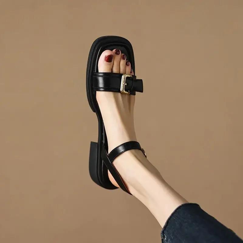 Flat Leather One Word Buckles Summer 2025 Sandals For Woman