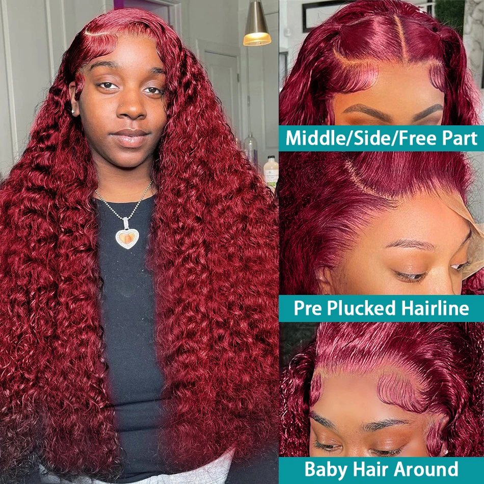 Human Hair Wig Lace Front Wig Human Hair Wigs Front Lace Wig 250 Density 30 40 Inch 99J Burgundy Deep Wave 13x4 13x6 Lace Frontal Red Curly For Women