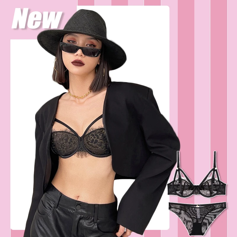 

Black Eyelash Lace Bras Underwear Sets Ultra-thin No Sponge Transparent Sexy Bra And Panties Plus Size Hollow Out Women Lingerie