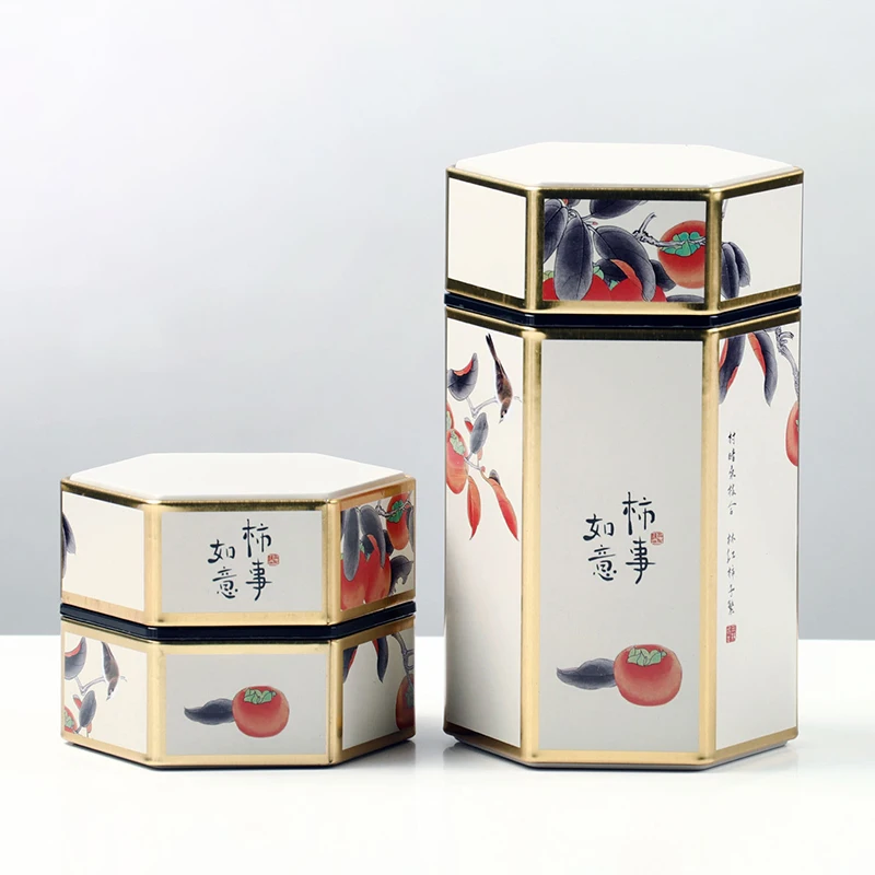 Creative Hexagonal Tea Pot Tin Can Chinese Tinplate Tea Storage Tank Small Sealed Portable Tea Box Empty Can Tea Set Accessories