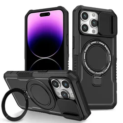 Luxury Metal Phone Case with 360° Built - in Bracket and Sliding Camera Protection - iPhone 13 (Black)