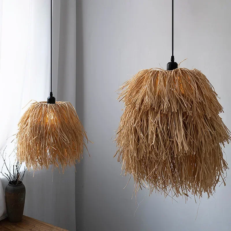Retro Wabi-sabi Wind Pendant Lamp Decorative Straw Chandelier for Dining Room and Bedroom Homestay Lighting