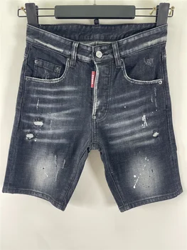 Pantaloncini di jeans micro elastici da uomo estivi 2025 D2 jeans lavati ad acqua con foro indossato nero slim fit 1