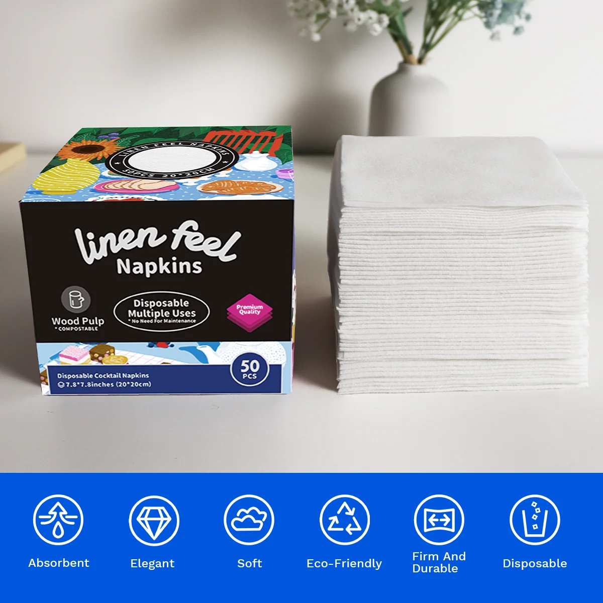 JINYUDOME 50Pcs Disposable Linen-Feel Cocktail Dinner Napkins,7.87*7.87" For Cafe Bar,Party Tissue Napkins Decoration Serviettes