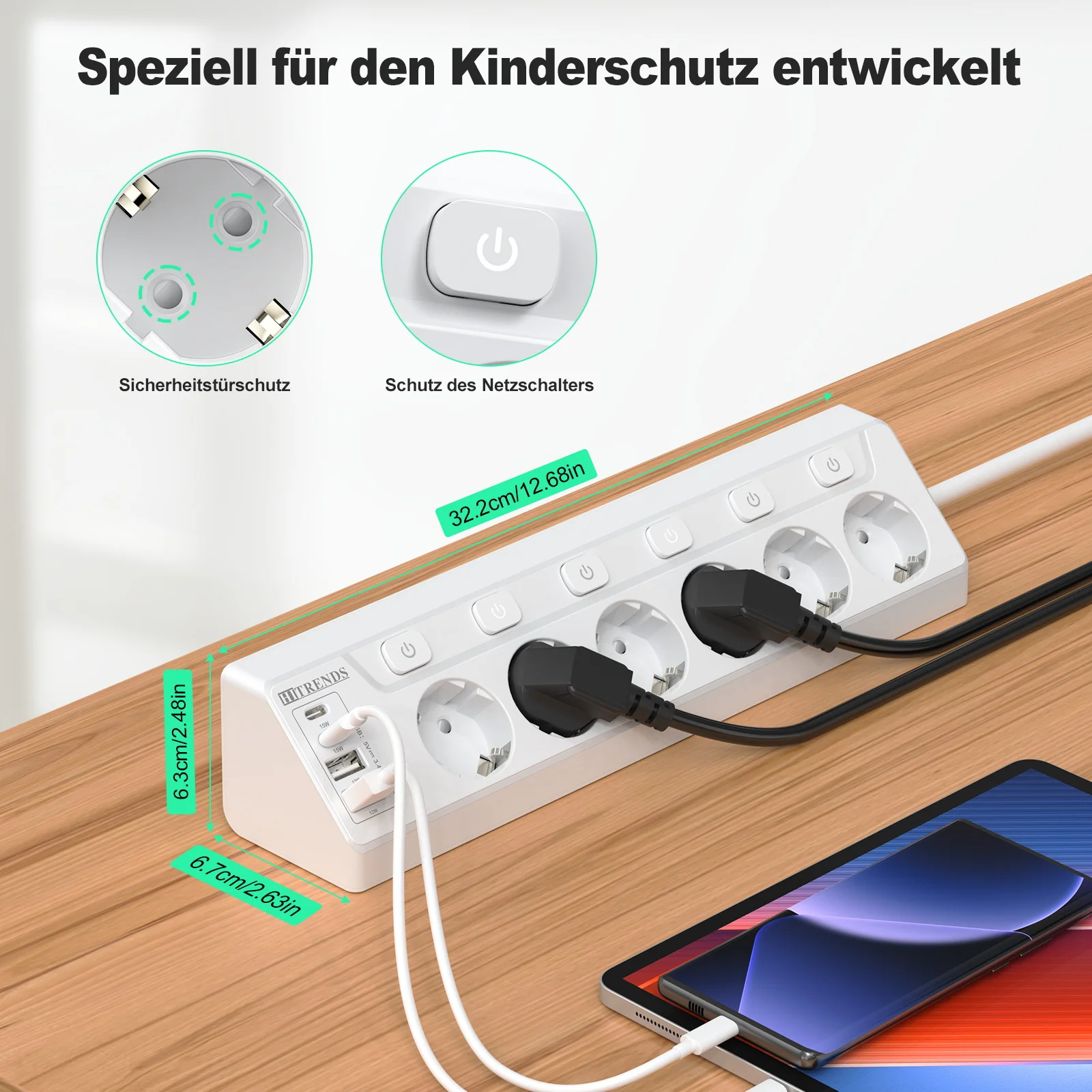 EU Plug Wall-Mounted Power Socket with 6 AC Outlets, 4 USB Ports & Child Safety Features - 2 Meter Extension Cord