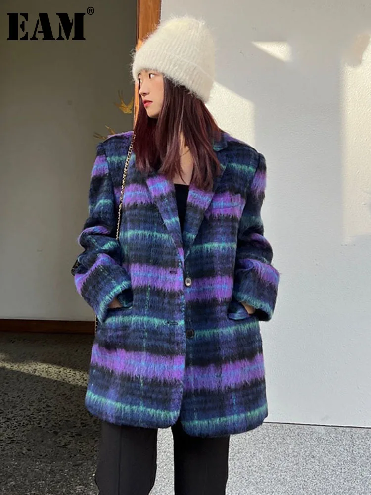 

[EAM] Loose Purple Plaid Casual Big Size Woolen Coat Parkas New Lapel Long Sleeve Women Fashion Tide Autumn Winter 2024 1DF3537