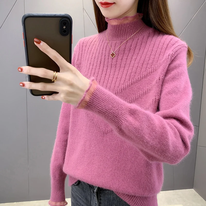 

Korean Half High Collar Knitted Sweater Women Loose Pullover Jumpers Ladies Spring Autumn 5 Color Long Sleeve Knit Tops Female
