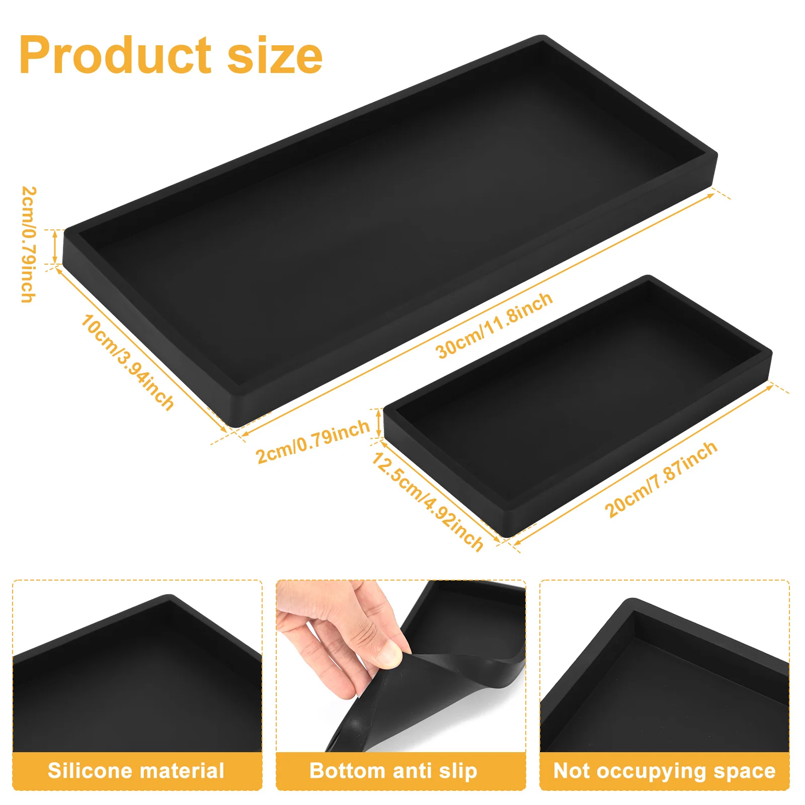 2Pcs Bathroom Vanity Tray Rectangle Countertop Storage Organizer Kitchen Sink Tray Shatterproof Non-Slip Silicone Bathroom Tray