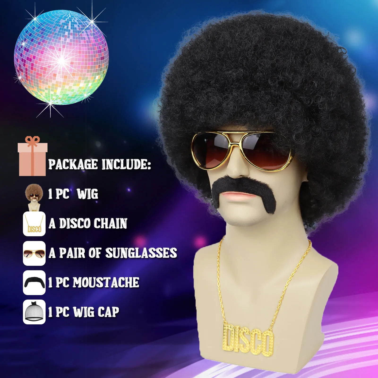 5pcs Set Mens Synthetic Afro Puff Wig for 70s 80s Rocker Disco Party Halloween Costume Cosplay Party Use