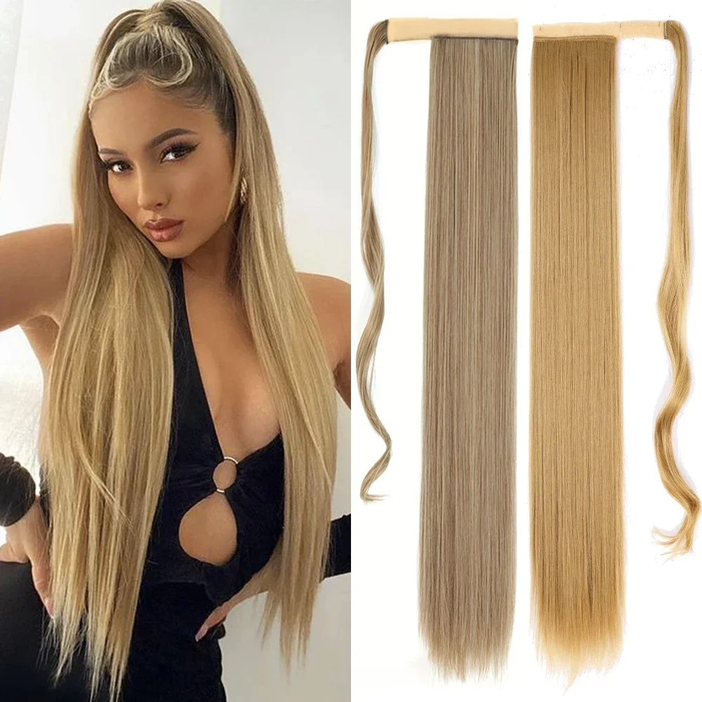 

22 дюйма золотисто-коричневый длинный прямой конский хвост, обернутый на корни волос, натуральный красивый женский конский хвост