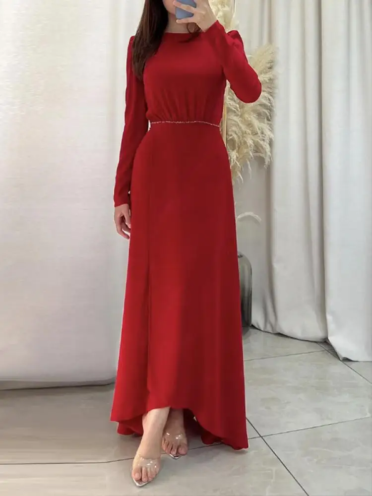 

Bonboho Women's Slim Fit Long Dress Solid Color Round Neck Long Sleeve High Waisted Evening Dresses Elegant Ruffled Party Dress