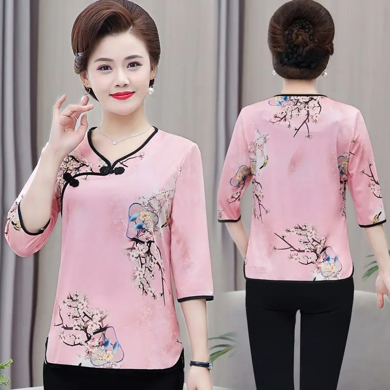 

Chinese Style Retro Cheongsam Top Summer New Women's Clothing Print Mother's T-shirt XL-5XL