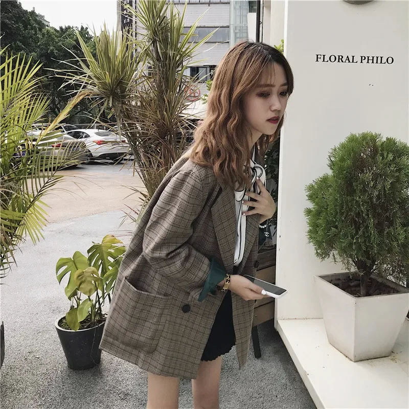 

Mazefeng Spring Autumn Women Plaid Double Breasted Double Breasted Women Casual Notched Coat Ladies Fashion Loose Style Suits