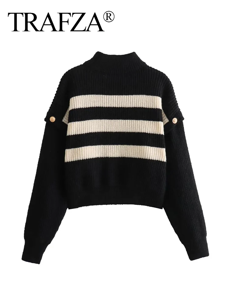 

TRAFZA Slim Top Women Chic Half High Collar Buttons Long Sleeve Sweater Pullovers Elegant Woman Casual Vintage Pullovers