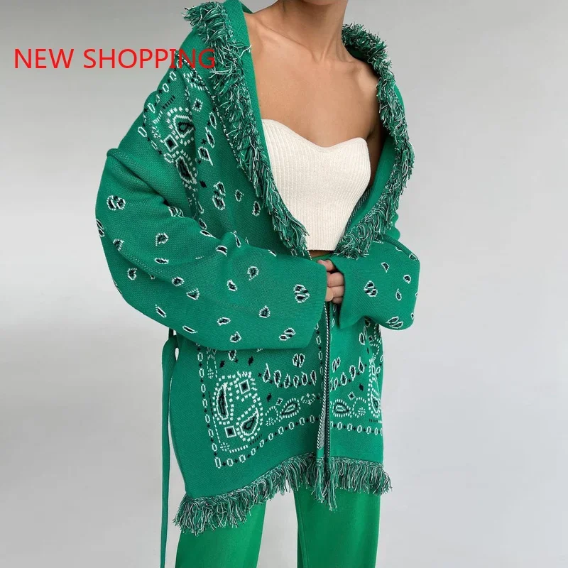

Fashion Loose Tassel Cardigan Knitted Women Green Y2k Oversized With Sashes 2021 Autumn Winter V Neck Long Sleeve Casual Sweater