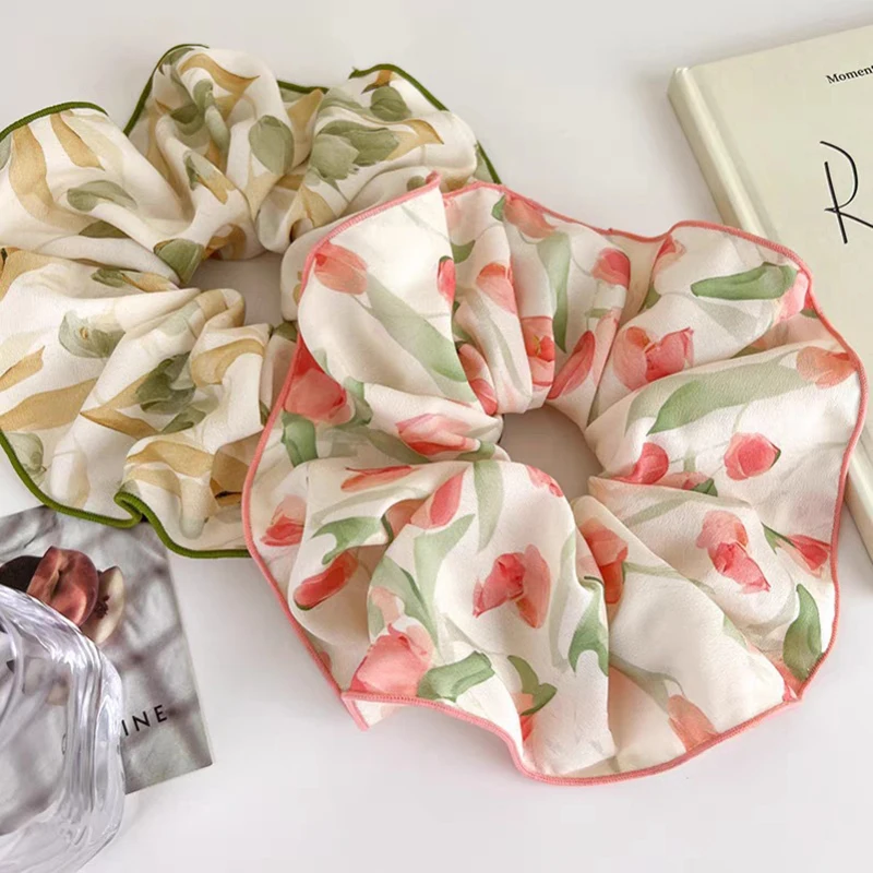 Ins Hot Selling Simple Sweet Tulip Fabric Scrunchie Fashion Wooden Ear Edge Tie Hair Rope Elastic Hair Accessories creative fashion typewriter style wooden pictures photo clips paper document clip memo card note holder office supply